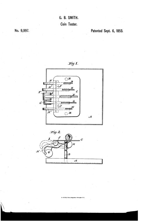 Patent drawing of an 1853 coin tester showing a rectangular gage plate with five graduated slots labeled D through H mounted on two posts above a base, with hidden dotted lines revealing internal pivoting levers and a rod I running beneath the plate; a second elevation view shows a single lever swinging a coin through the gage into a collection area below.
