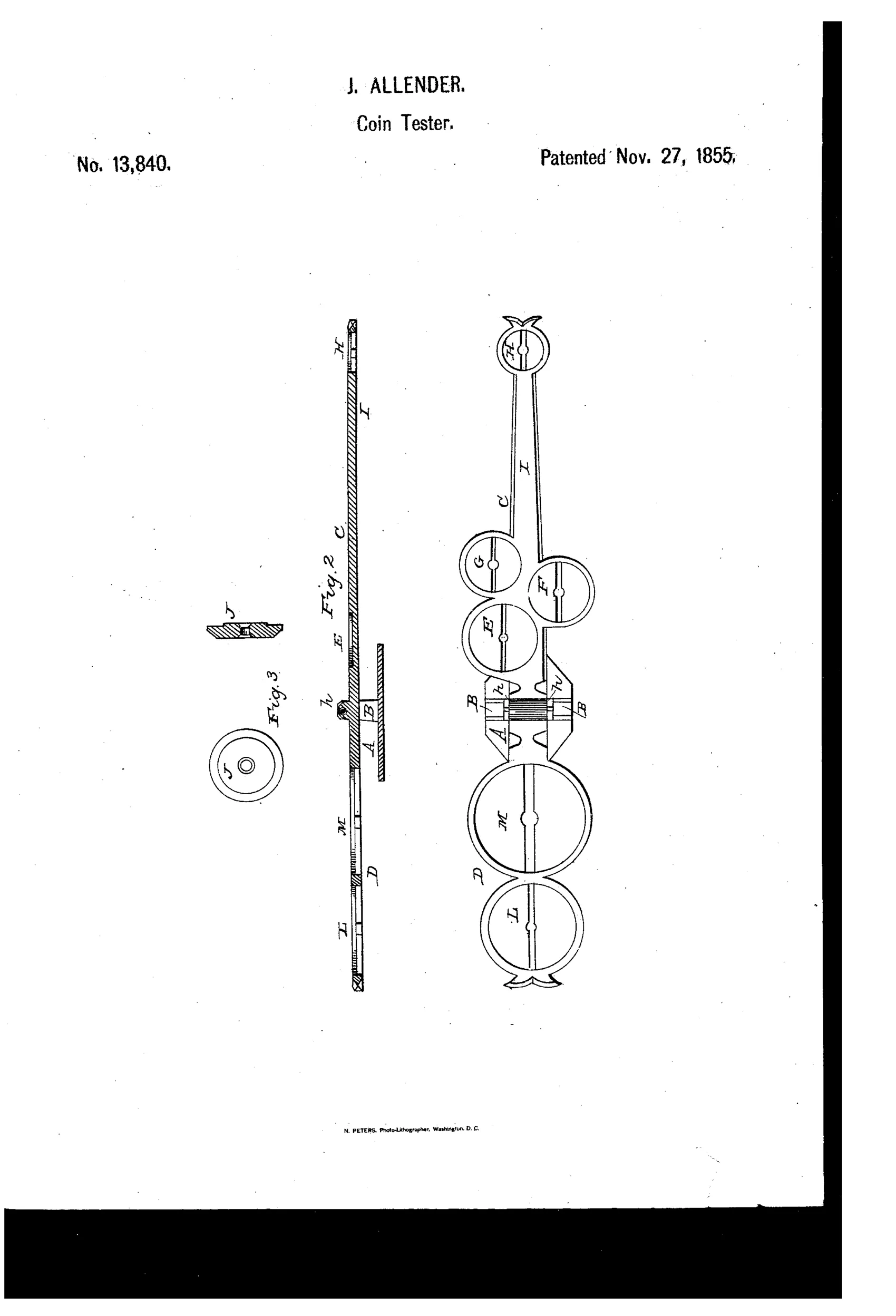 Technical patent drawing showing a long pivoting lever balance with multiple circular coin-sized cavities labeled E, F, G, H, L, and M along its length, mounted on a base with two pillars, alongside a small separate weight piece labeled J and K.