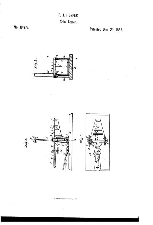 Patent drawing of an 1857 coin balance showing a triangular graduated scale beam mounted on uprights with a lever, index pointer, and a plate with slots sized for different U.S. gold coin denominations.