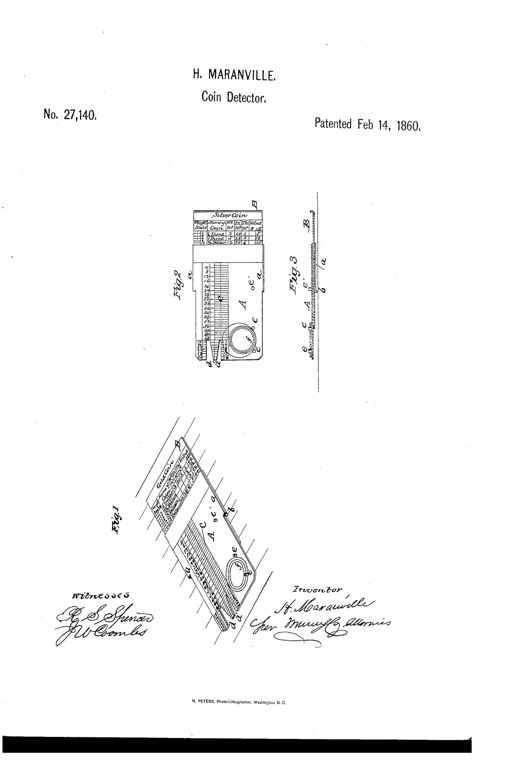Patent drawing showing a rectangular brass plate with a sliding scale marked for gold and silver coins, numbered diameter and thickness scales, and studs for testing coin weight and size, alongside a perspective view and cross-section.