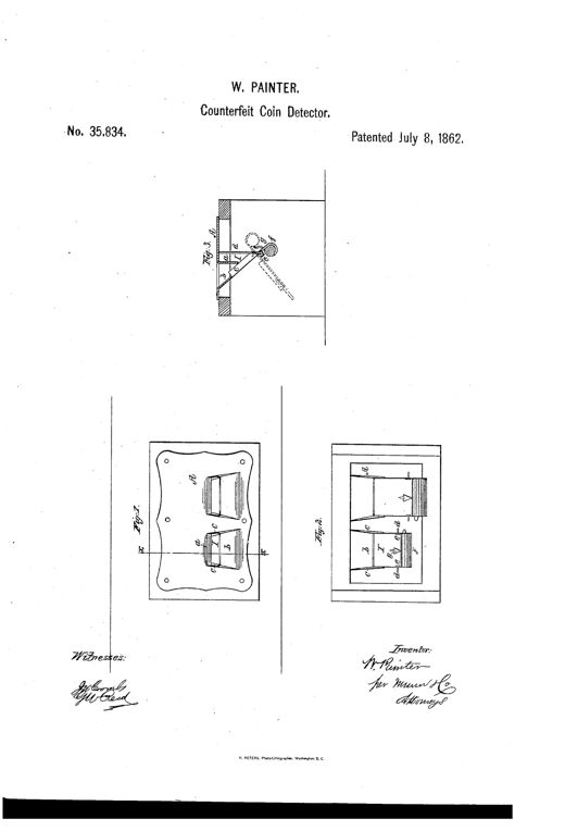 Patent drawing showing a metal counter plate with an inclined ramp leading into a pivoting, weighted spout flanked by upturned side gauges, plus top and inverted plan views labeled A and B showing the coin-sized openings.