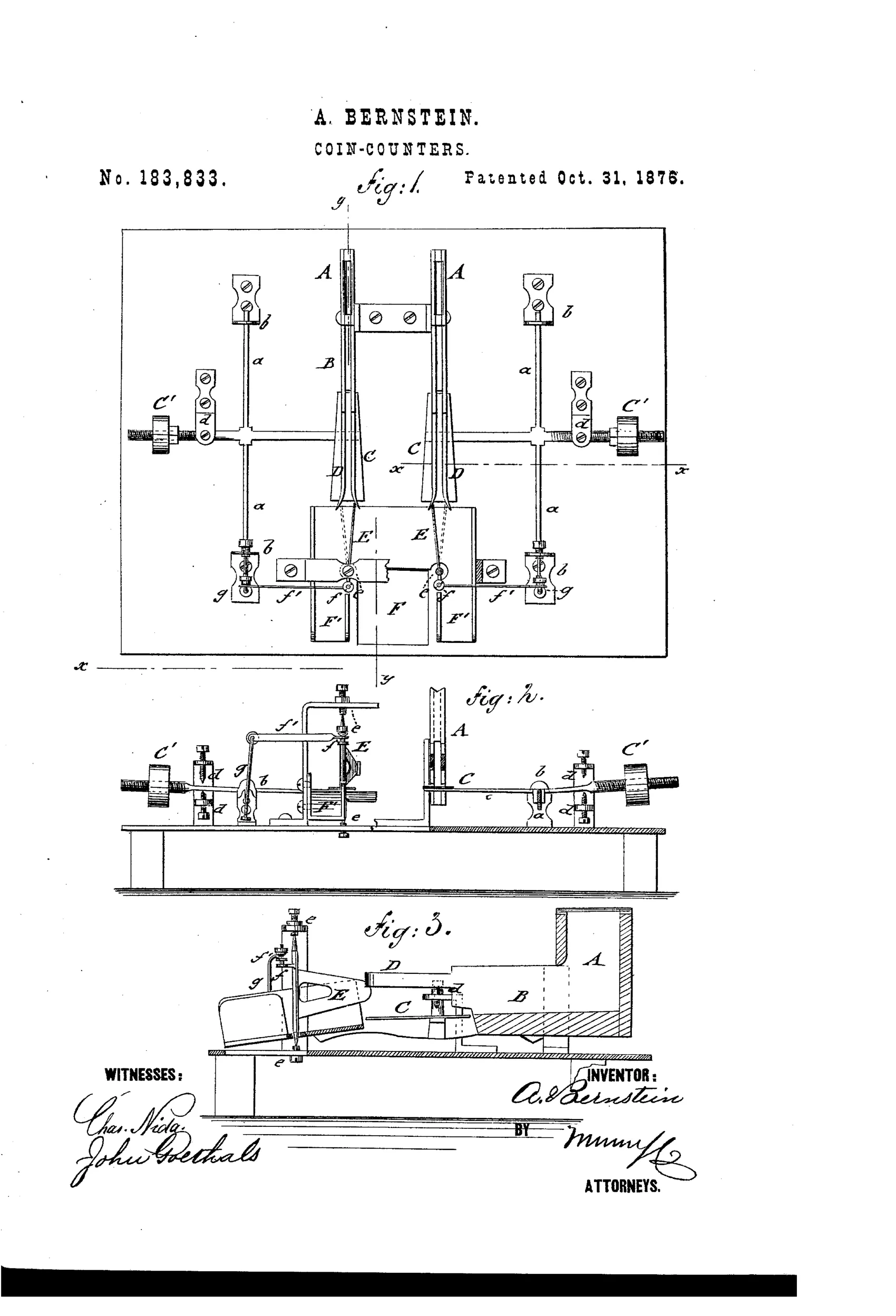 Patent drawing showing a mechanical coin-counting apparatus with paired vertical guide channels, a central tilting balance plate, adjustable counterweights on threaded arms, and swinging vanes directing coins to separate receptacles, shown in top view and two cross-sectional views.