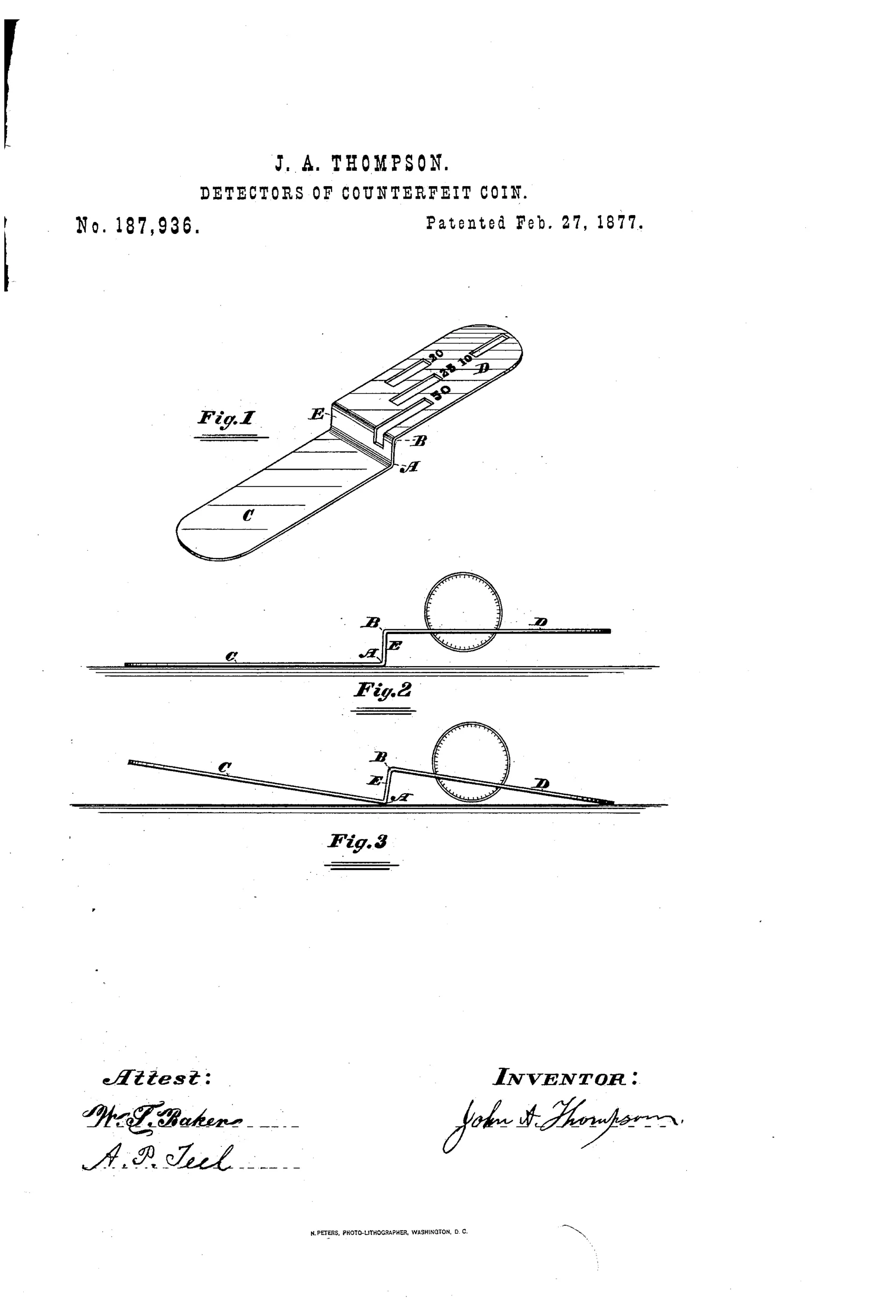 A flat elongated metal plate resembling a paper-knife, bent at a right angle near the middle, with graduated slots labeled 10, 20, 25, and 50 near one end for testing coins of different denominations, shown in perspective and in two side views balancing a coin.