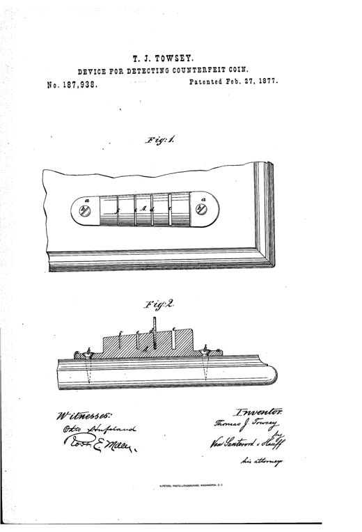 A patent drawing of an oblong cast-iron plate with two rounded end flanges each bearing a screw hole, and a central section with five parallel vertical slots of decreasing width labeled f, e, A, d, c, shown in both top view and cross-section.