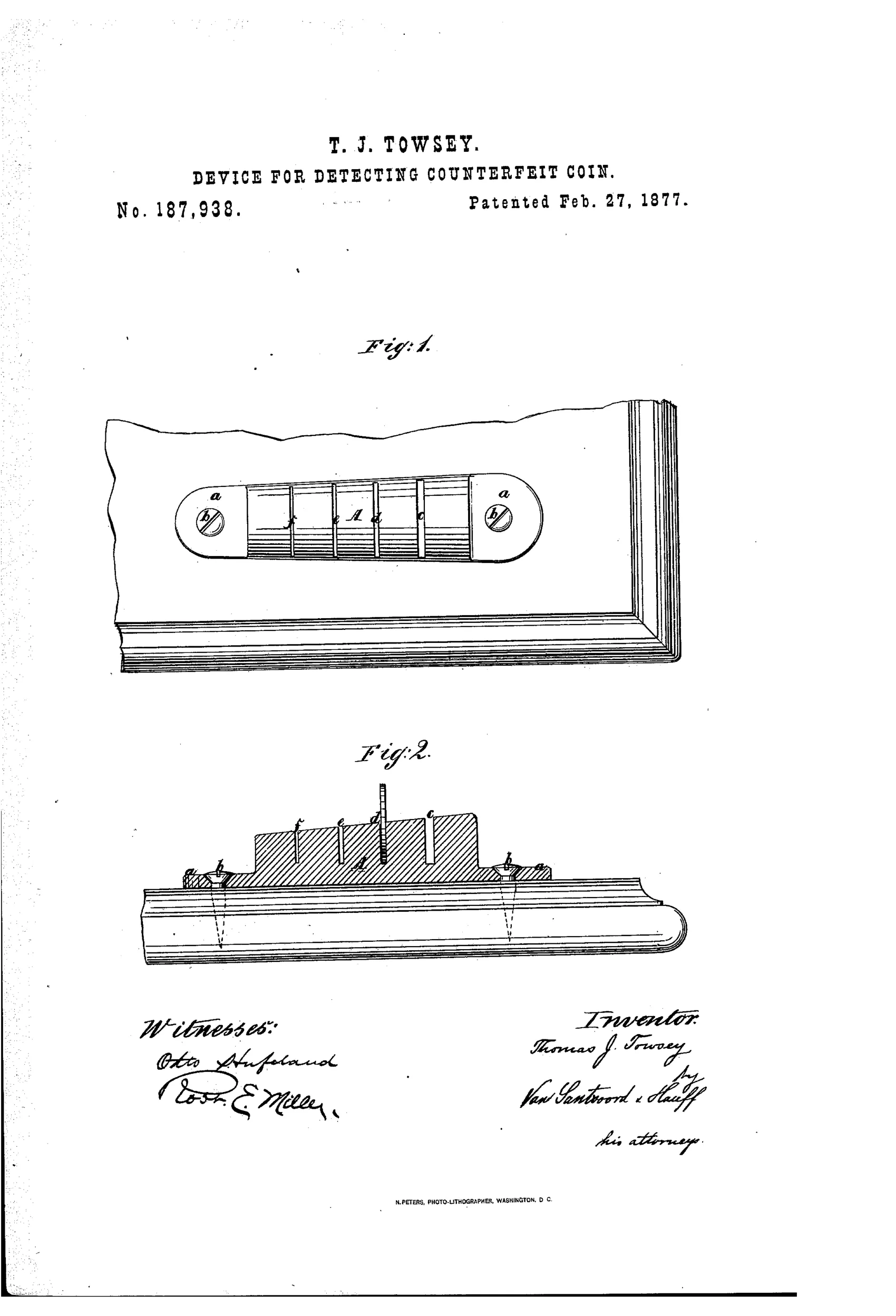 A patent drawing of an oblong cast-iron plate with two rounded end flanges each bearing a screw hole, and a central section with five parallel vertical slots of decreasing width labeled f, e, A, d, c, shown in both top view and cross-section.