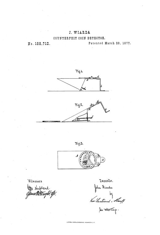 Patent drawing showing a small tilting platform device with hooked gages that hold a fifty-cent coin in place, a knife-edge pivot beneath the platform, and a hidden balance-weight chamber, illustrated in level and tipped positions plus a top-down view of the coin secured by the gages.