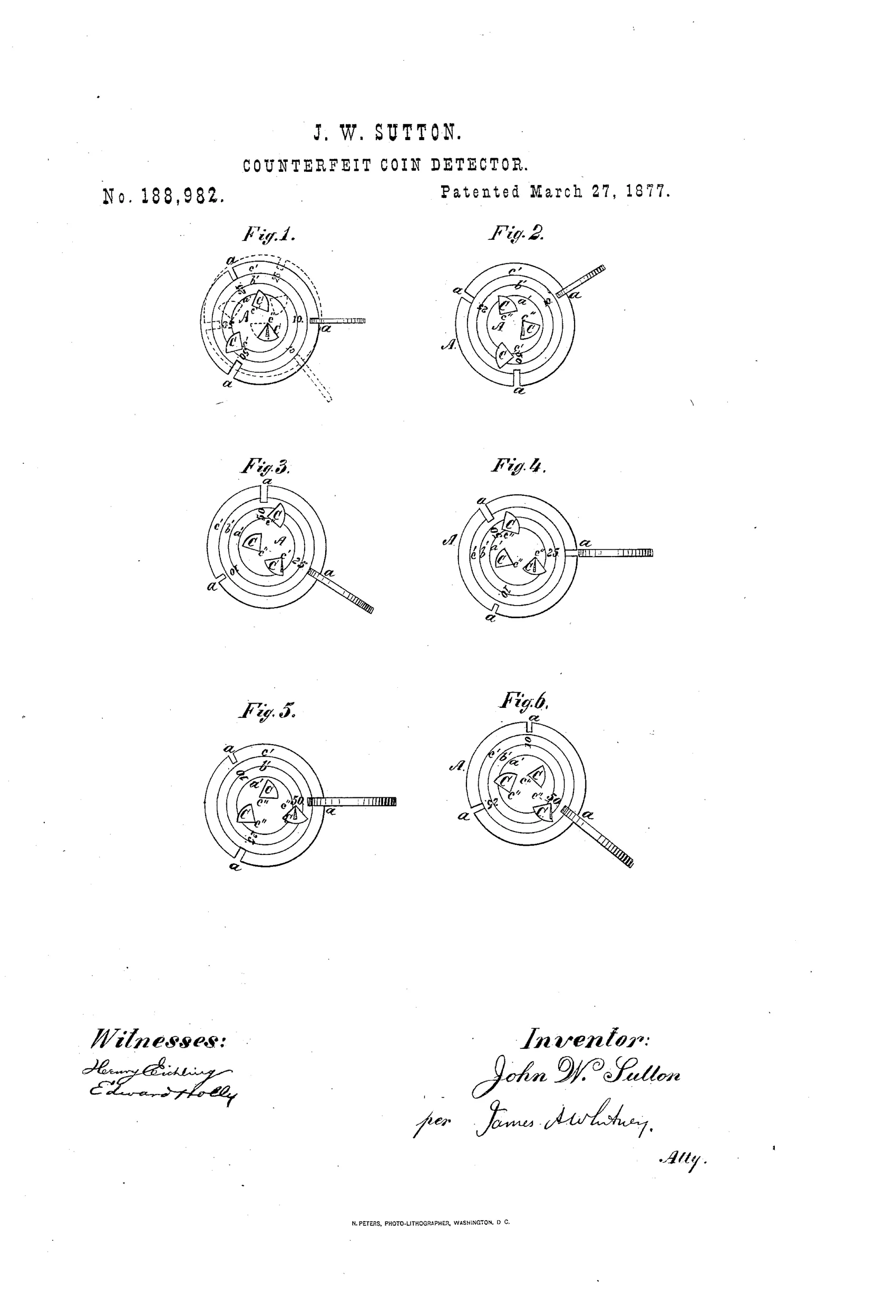 Six circular diagrams of a metal coin-testing disk showing concentric slots labeled a, c, and diameter markings 10, 25, and 50, with a pivoting knife-edge rod extending from the side, illustrating coins tilting up or down depending on weight.