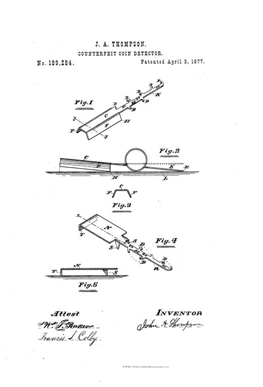 Technical patent drawing showing a bent metal bar with flanges and paired clasping lugs used as a tipping balance to test coin weight, alongside cross-section and alternate frame views.