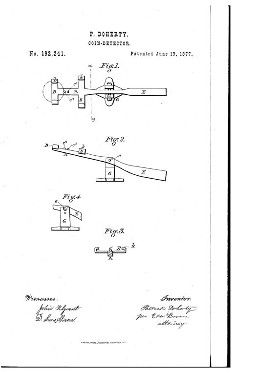 Technical patent drawing of a balance-lever coin detector showing a gage-arm A with cross-pieces B, D, and K on one side, an elongated weighted arm E on the other, pivoted atop a stand G, with additional detail views of the pivot mechanism and gage cross-section.
