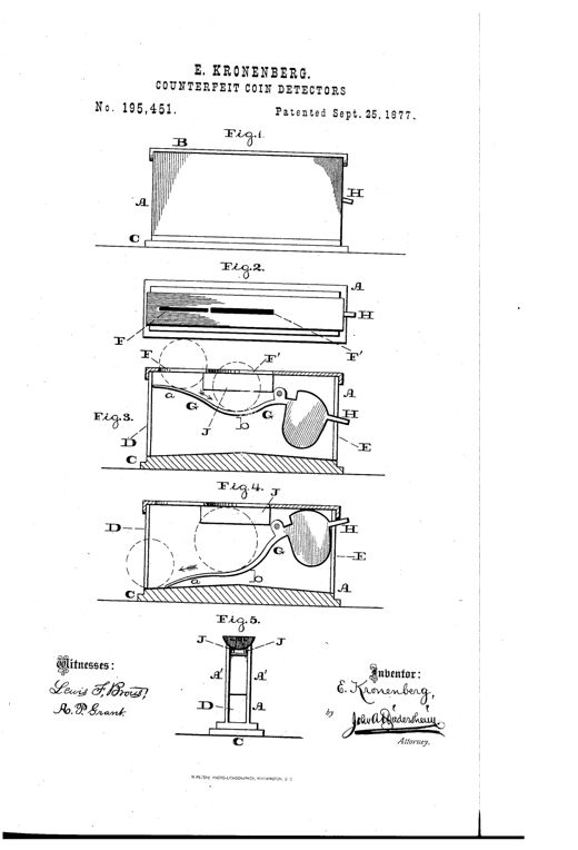 Patent drawing of a rectangular metal case with two longitudinal slots in its top plate, an internal curved balance bar visible in cross-section, a projecting handle arm, and guide bars beneath the slots, shown from side, top, and end views.