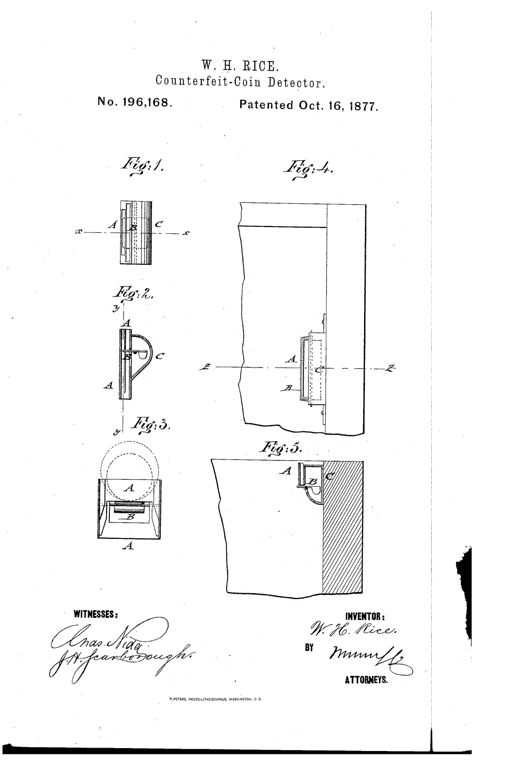 Patent drawing showing five figures of a pocket coin-testing device with labeled tubes (A), a weighted trip-lever (B), and casing (C), including top views and cross-sections, and a version mounted to a counter or money-drawer.