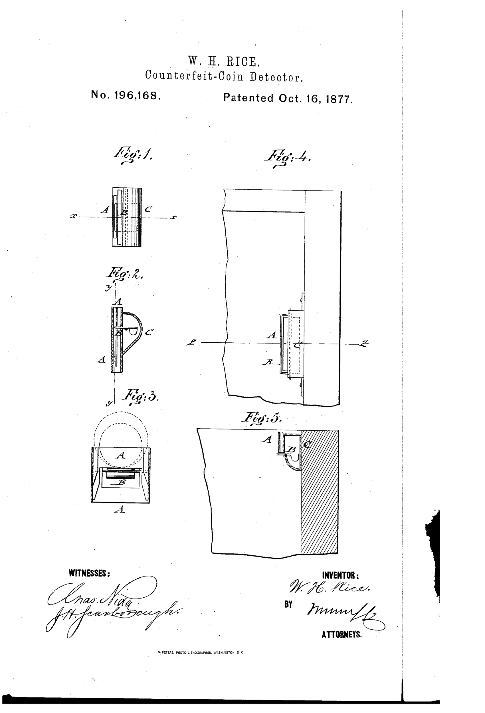 Patent drawing showing five figures of a pocket coin-testing device with labeled tubes (A), a weighted trip-lever (B), and casing (C), including top views and cross-sections, and a version mounted to a counter or money-drawer.