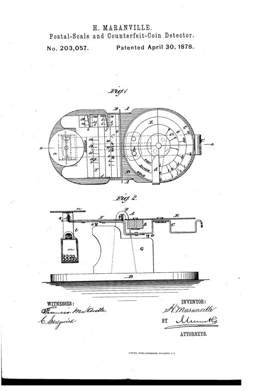 Patent drawing of a combined postal scale and counterfeit-coin detector showing a plan view (Fig. 1) with a large graduated disk marked for gold, silver, and postage rates, and a side cross-section (Fig. 2) showing the beam, counterweight box with shot, and coin pan.