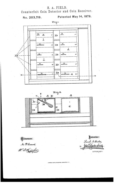 Patent drawing showing a rectangular cabinet divided into rows of labeled coin-detector cases (A) with inlet slots (a) for coin denominations, feeding into a series of adjacent boxes (D), plus a cross-sectional view revealing an internal tilting poise mechanism (B) inside a detector case.