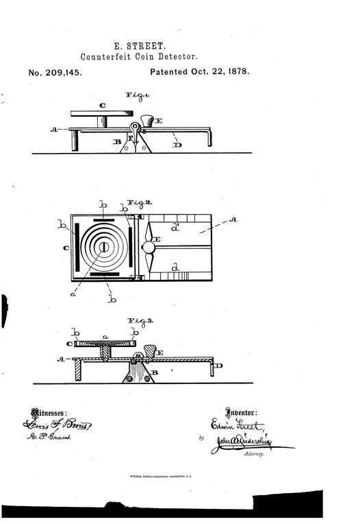 Patent drawing of a combined letter scale and coin detector showing a balance plate on standards, a sliding indexed weight, and a tray with nested circular coin depressions and matching slots.