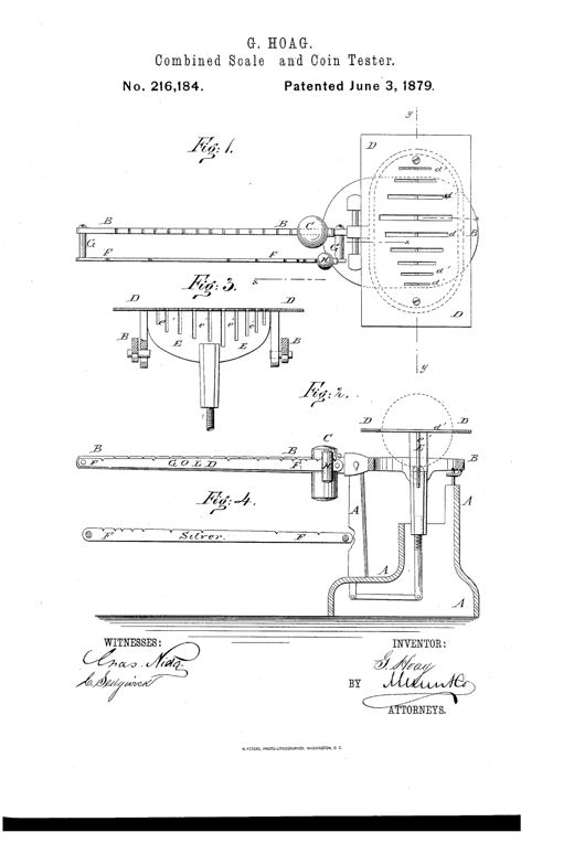 Patent drawing showing a beam scale with a slotted coin pan and vertical gauge plate, plus a secondary weighted beam marked for gold and silver coin denominations, alongside a base-mounted support stand.