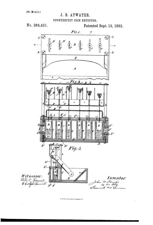 Patent drawing of a 19th-century counterfeit coin detector showing a slotted measuring table above a coin box, with internal cylinders, floats, and trays for weighing coins using quicksilver.