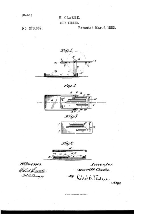 Patent drawing of a folding pocket coin balance, showing a slotted metal plate pivoting on knife-edge bearings between two hinged standards mounted in a shallow box, with a small counterweight at one end and a removable supplemental plate with smaller slots for testing gold coins.