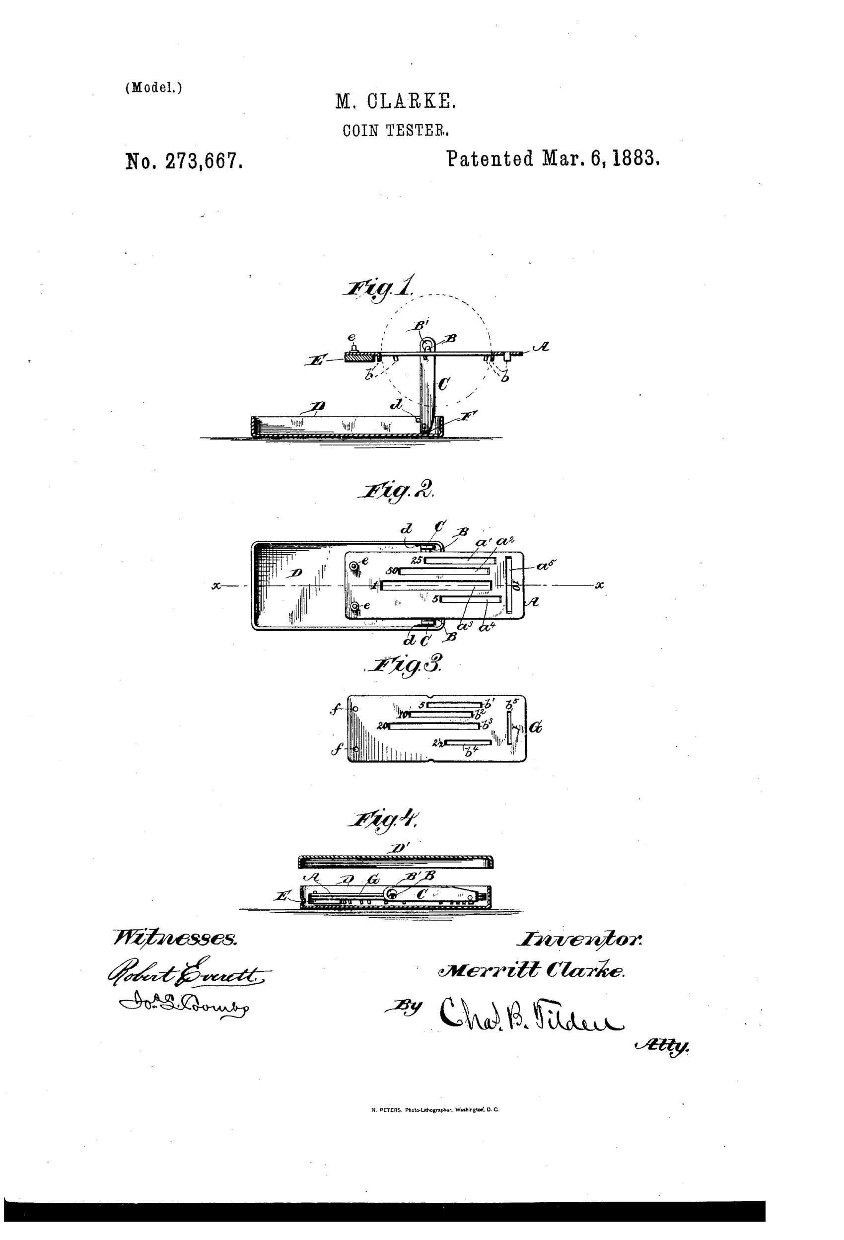 Patent drawing of a folding pocket coin balance, showing a slotted metal plate pivoting on knife-edge bearings between two hinged standards mounted in a shallow box, with a small counterweight at one end and a removable supplemental plate with smaller slots for testing gold coins.