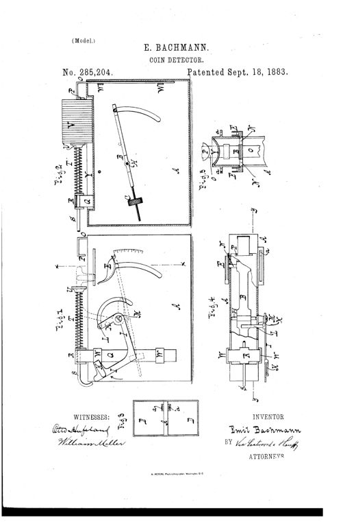 Patent drawing showing a boxed coin-detector mechanism with a pivoting weighted lever, coin pans, a scale-beam arm with a hook, and a coin-roll compressor with sliding guides, illustrated in five labeled figures.
