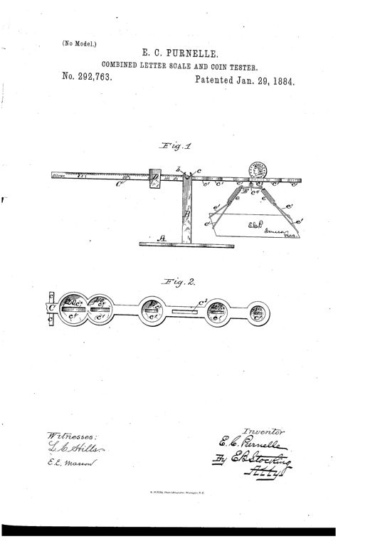 A drawing of a balance-beam scale mounted on a pedestal, with one end holding a sliding graduated weight and coin cups sized for gold coins with slots for testing, and the other end fitted with a wire yoke and springs with grapple hooks for holding letters, alongside a separate plan view showing five circular coin-testing cups linked along a bar.