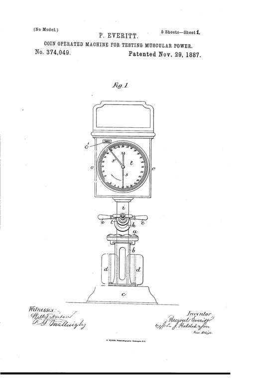 Patent drawing of a Victorian coin-operated strength testing machine with a round dial gauge on top, a pillar with handles for pulling, and a sliding seat with foot rests mounted on a pedestal base.