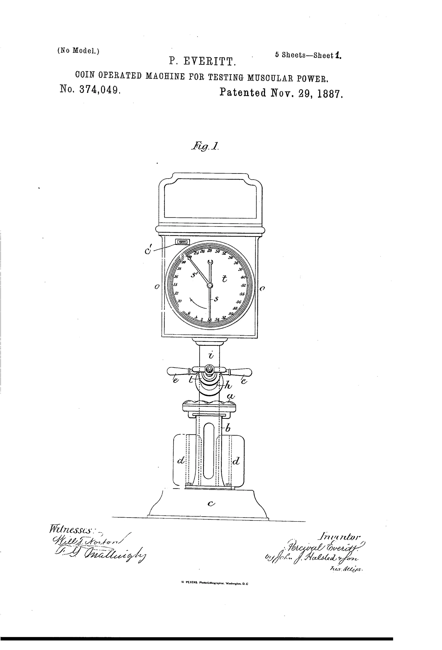 Patent drawing of a Victorian coin-operated strength testing machine with a round dial gauge on top, a pillar with handles for pulling, and a sliding seat with foot rests mounted on a pedestal base.