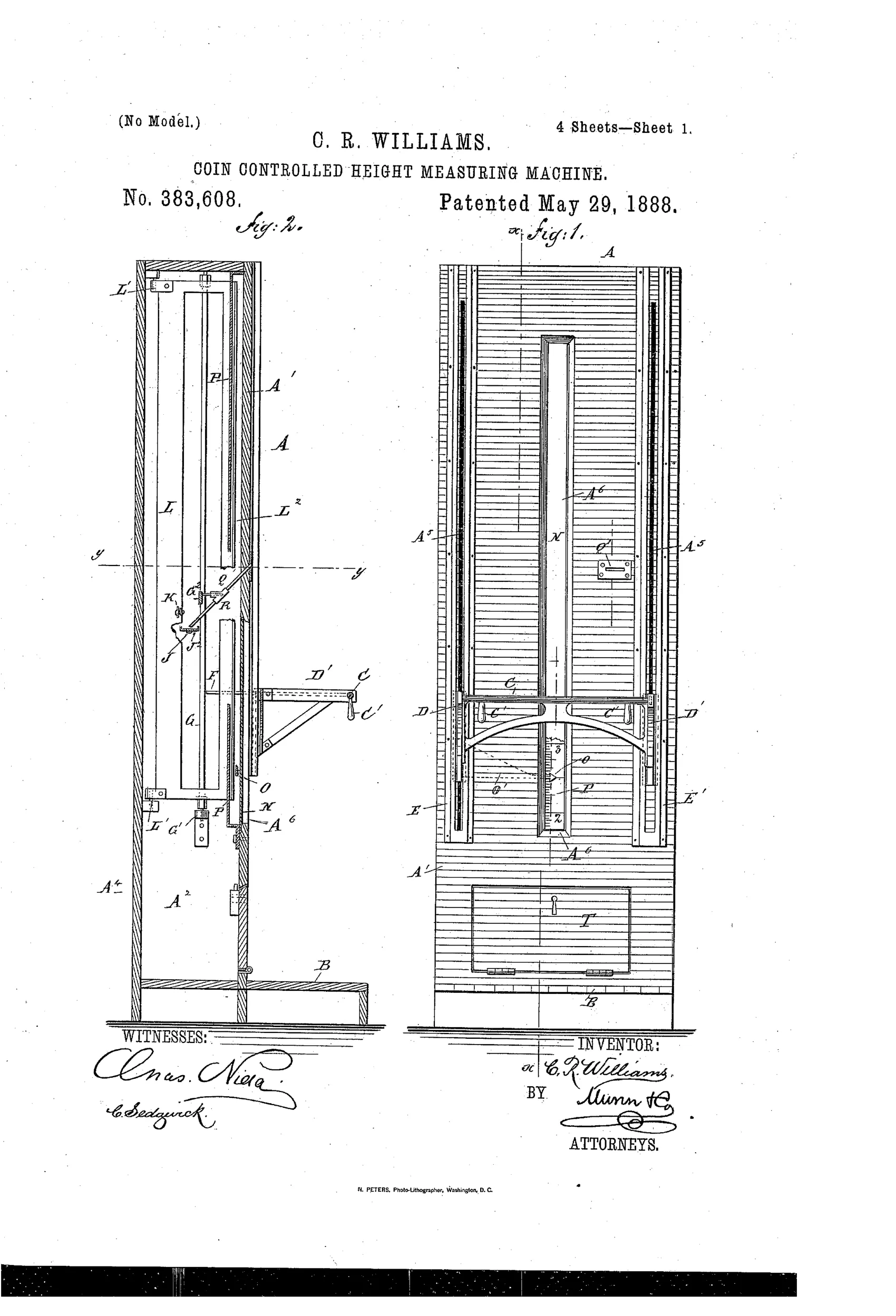Patent drawing of a tall wooden coin-operated height-measuring cabinet showing a sliding graduated bar, a coin chute mechanism, and a hinged pointer plate with associated levers and brackets.