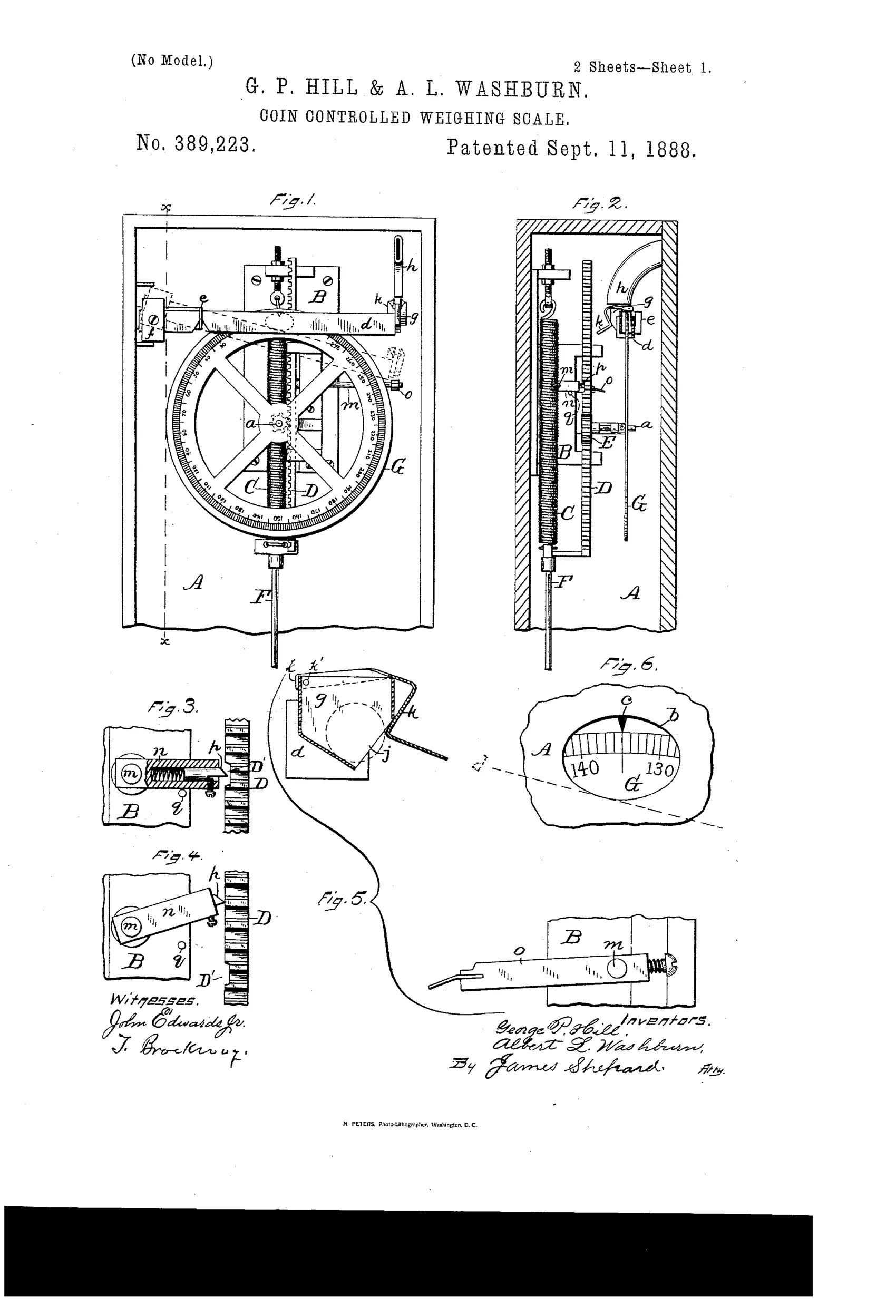 Patent drawing of a coin-controlled weighing scale showing a circular graduated dial (Fig. 1) with a pivoted covering bar, gears, and internal mechanism including a coin chute, coin-receiver, tripping arms, and rack-and-pinion assembly housed within a wooden case.