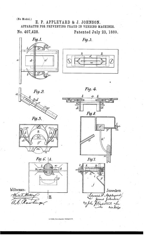 Patent drawing showing eight figures of a coin-slot mechanism with spring-loaded pivoting catches, a bridge and tongue guide, and a hooked washer-diverting chute, labeled with lowercase letters a through n.