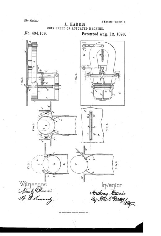Patent drawing sheets showing multiple mechanical diagrams of a coin-chute with pivoted gripping-arms, magnets, springs, and sliding stops designed to detect and block counterfeit lead or iron coin slugs.