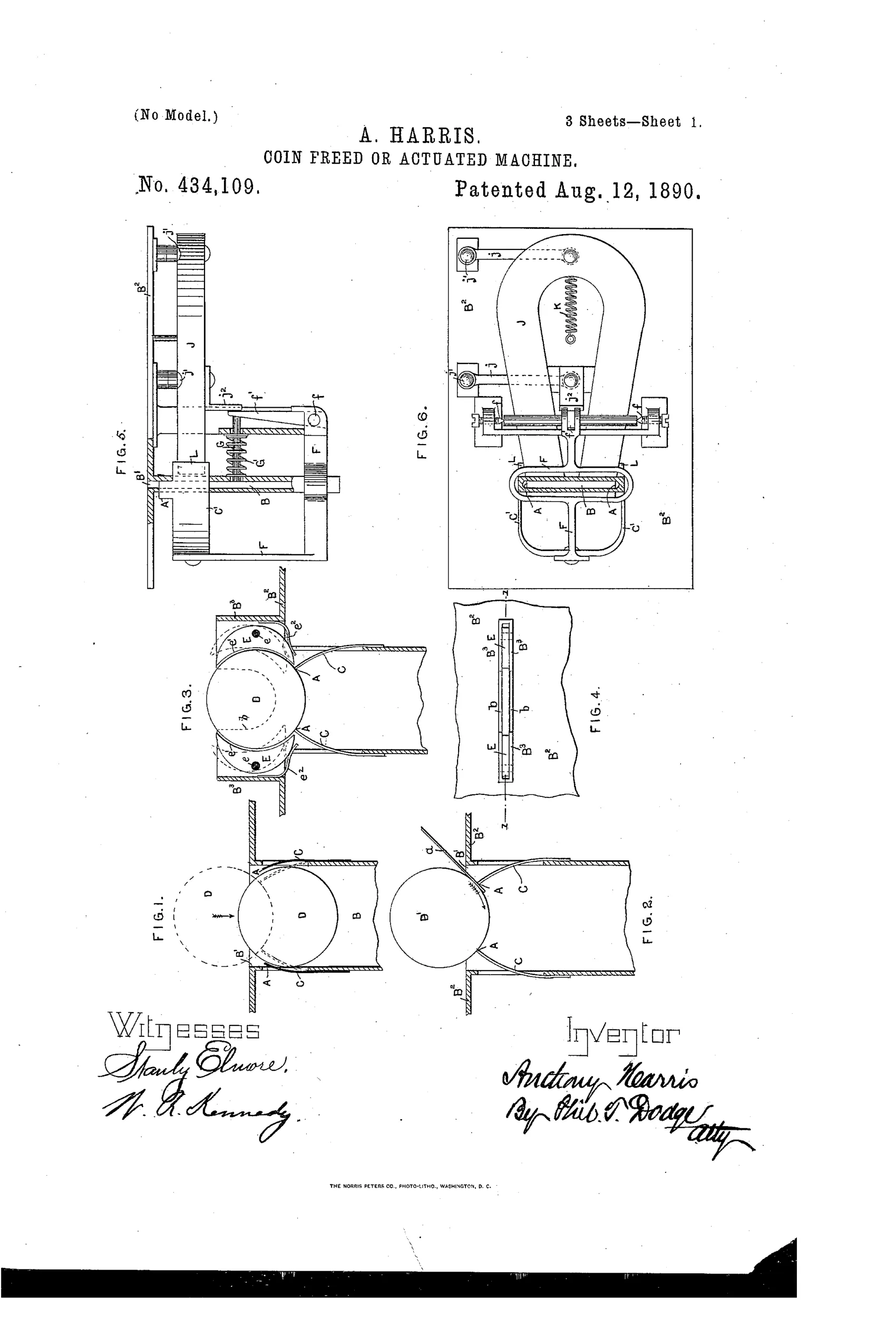Patent drawing sheets showing multiple mechanical diagrams of a coin-chute with pivoted gripping-arms, magnets, springs, and sliding stops designed to detect and block counterfeit lead or iron coin slugs.