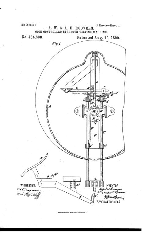 Patent drawing of a cylindrical coin-operated strength-testing machine showing internal gearing, a rack bar, friction wheels, a coin chute, and a foot-piece lever connected by rods to the mechanism.