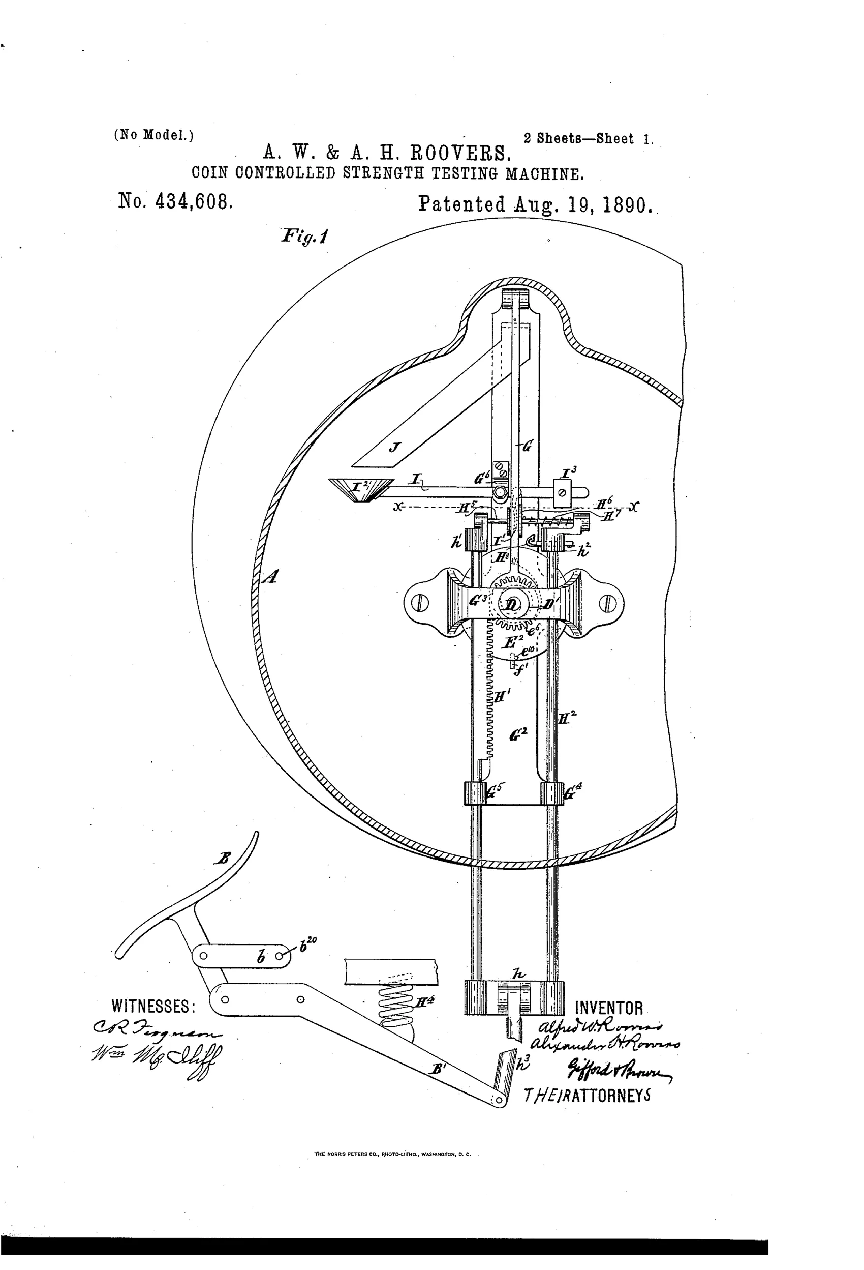 Patent drawing of a cylindrical coin-operated strength-testing machine showing internal gearing, a rack bar, friction wheels, a coin chute, and a foot-piece lever connected by rods to the mechanism.