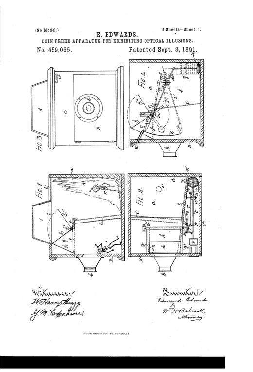 Patent drawing of a wooden cabinet with a peep-hole front, internal skeleton figure, inclined glass panel, and a coin-actuated lever-and-shutter mechanism with a fluid-filled cylinder for timing the illusion's appearance.