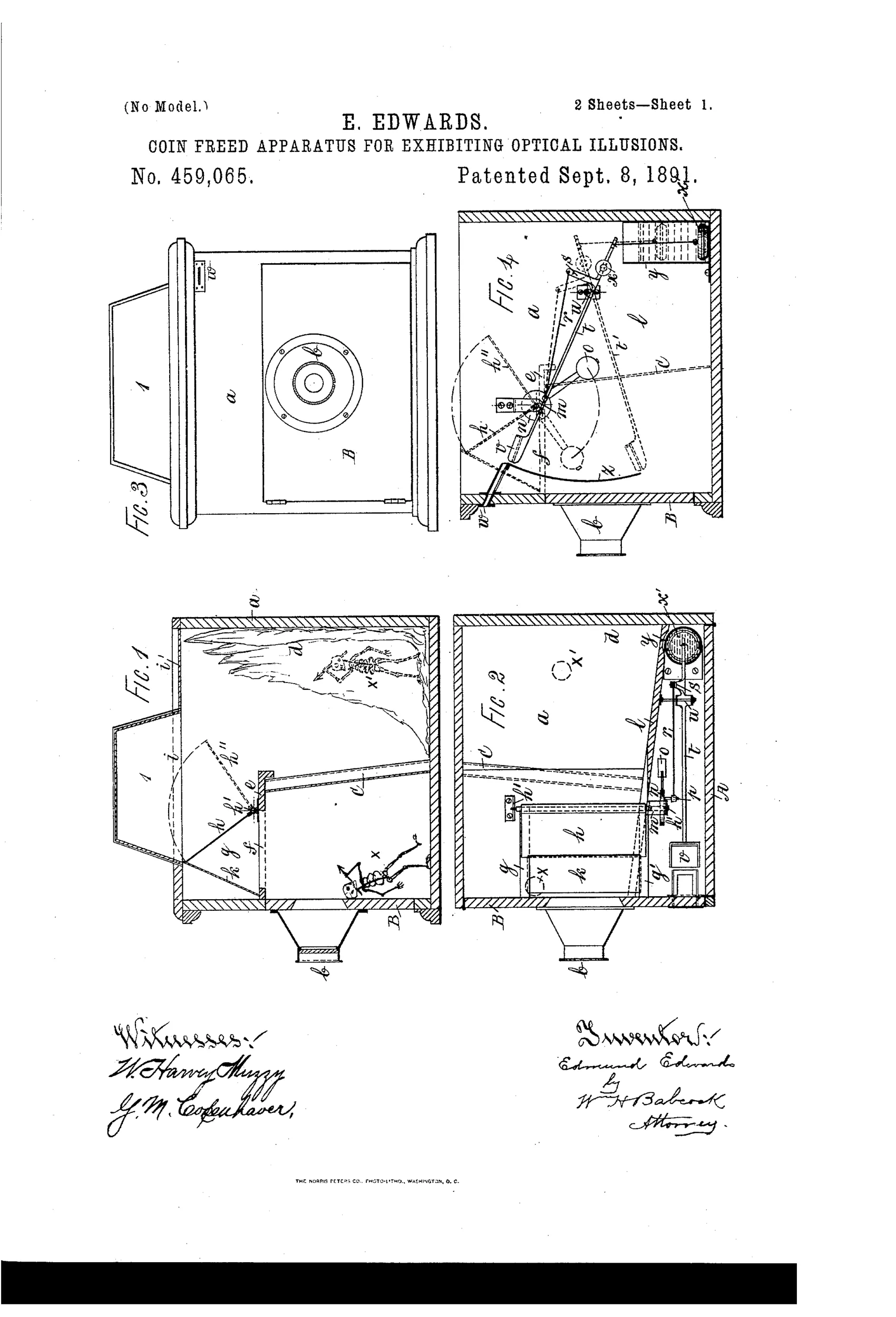 Patent drawing of a wooden cabinet with a peep-hole front, internal skeleton figure, inclined glass panel, and a coin-actuated lever-and-shutter mechanism with a fluid-filled cylinder for timing the illusion's appearance.
