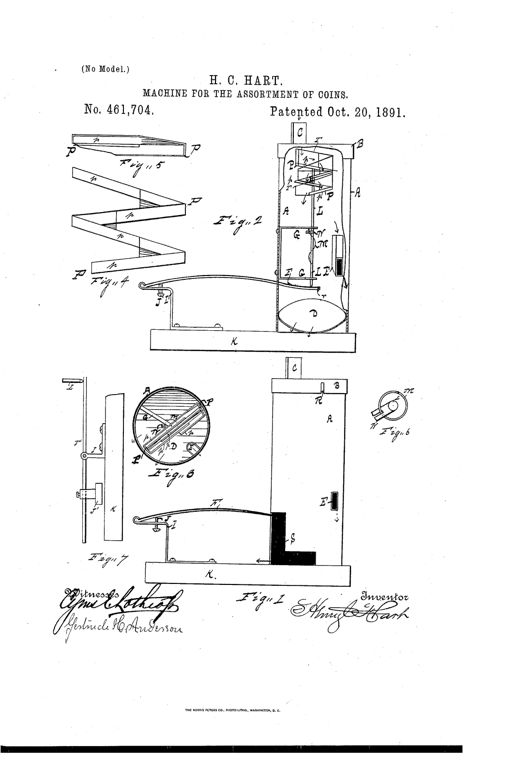 Patent drawing showing a tall cylindrical vending-machine casing with an internal zigzag coin race suspended on a spring and shaft, alongside detail views of the zigzag race sections, a plan view of the rotating coin chute, and a side elevation of an alternative lever-and-weight support mechanism.