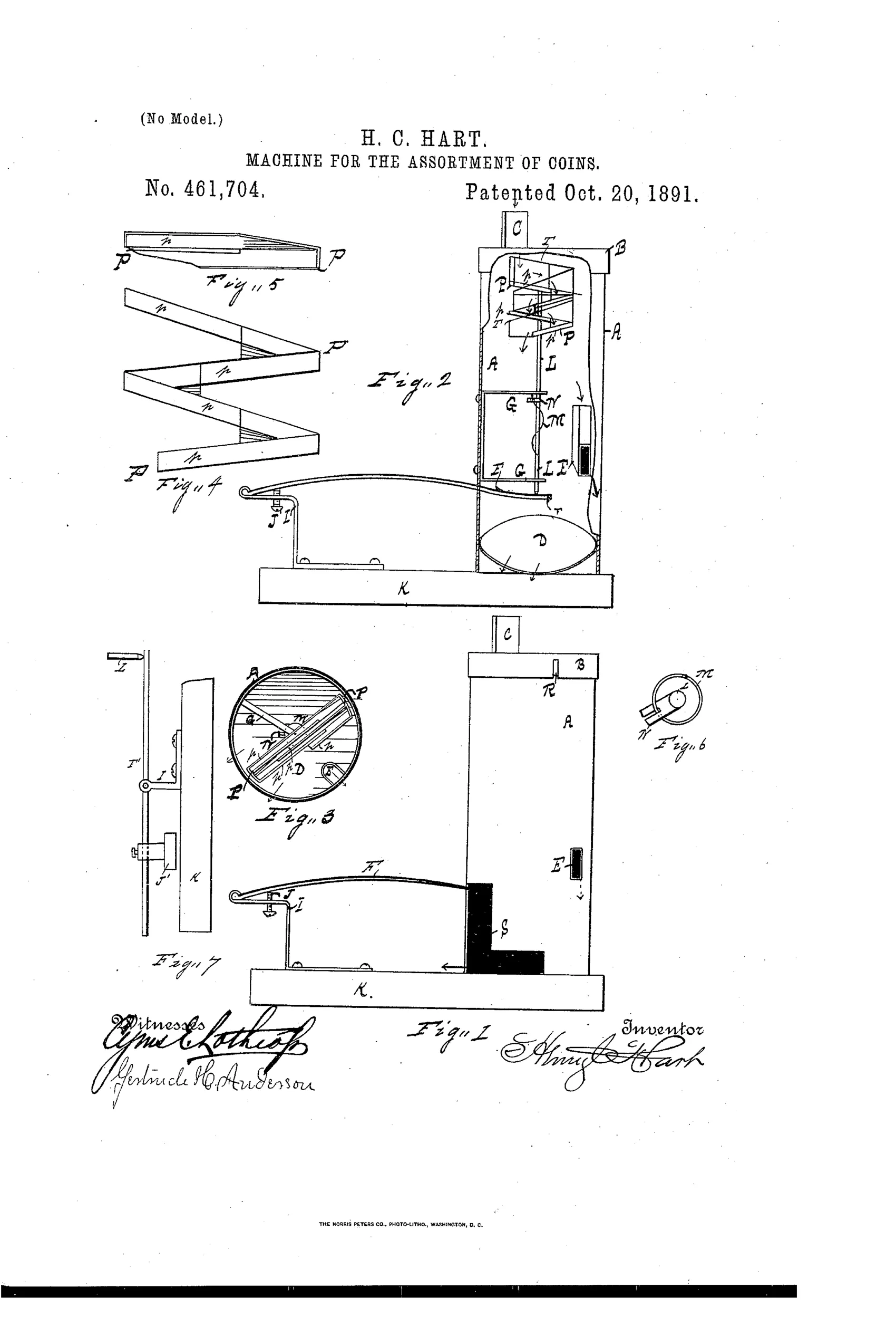 Patent drawing showing a tall cylindrical vending-machine casing with an internal zigzag coin race suspended on a spring and shaft, alongside detail views of the zigzag race sections, a plan view of the rotating coin chute, and a side elevation of an alternative lever-and-weight support mechanism.