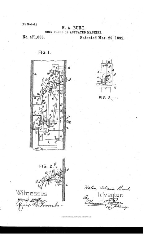 Patent line drawing showing a tall coin-operated cabinet mechanism (Fig. 1) with a hinged coin slide, magnet, push-handle, camera and dash-pan assembly, alongside a detail front view of the money-box (Fig. 3) and a partial side view (Fig. 2) of the slide linkage.