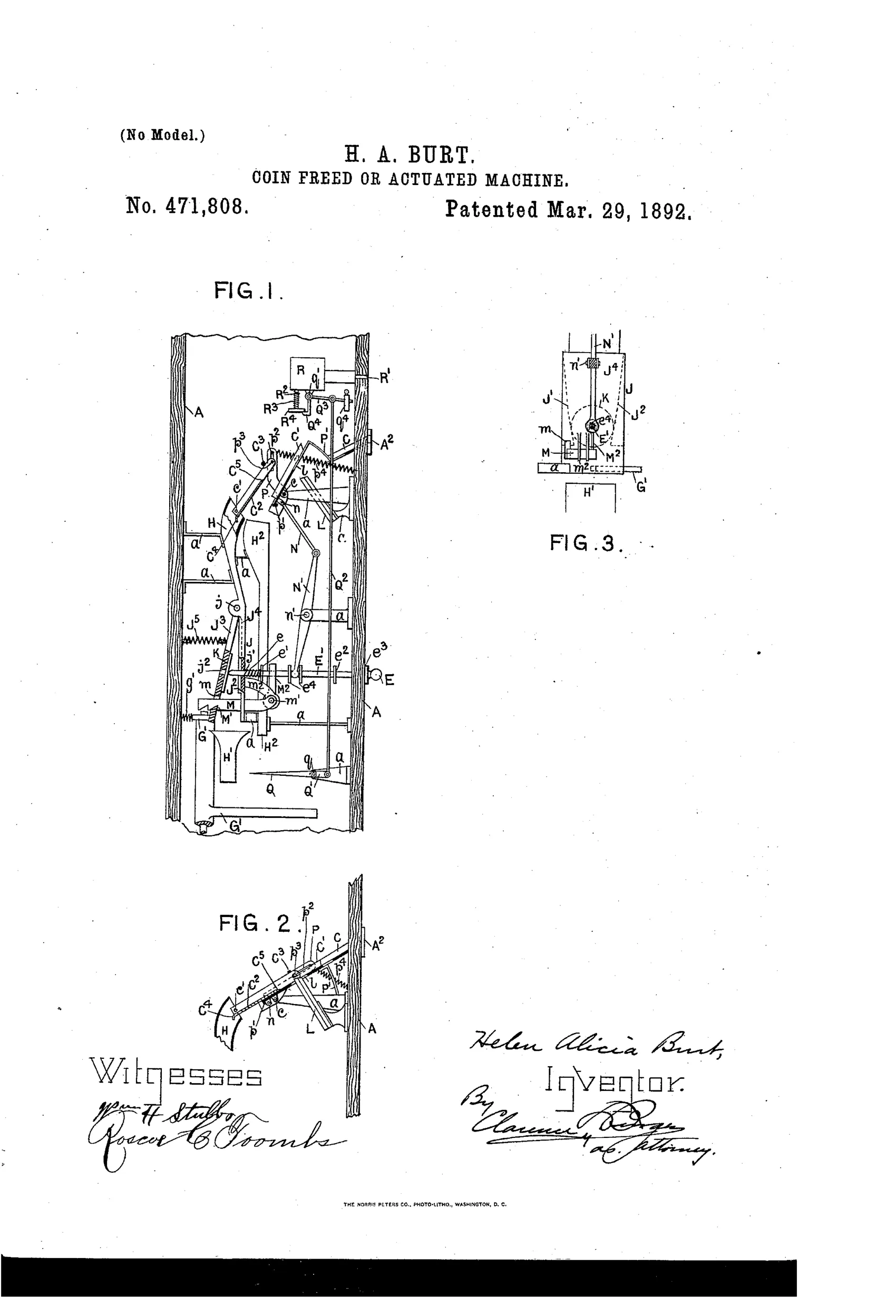 Patent line drawing showing a tall coin-operated cabinet mechanism (Fig. 1) with a hinged coin slide, magnet, push-handle, camera and dash-pan assembly, alongside a detail front view of the money-box (Fig. 3) and a partial side view (Fig. 2) of the slide linkage.