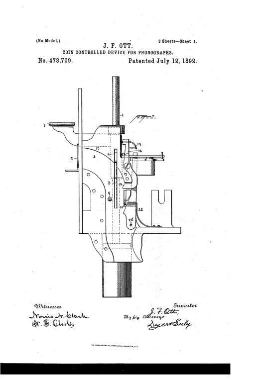 Mechanical drawing of a coin-controlled phonograph mechanism showing a vertical coin tube with numbered levers, a hinged door, springs, and a handle arm for testing deposited coins.