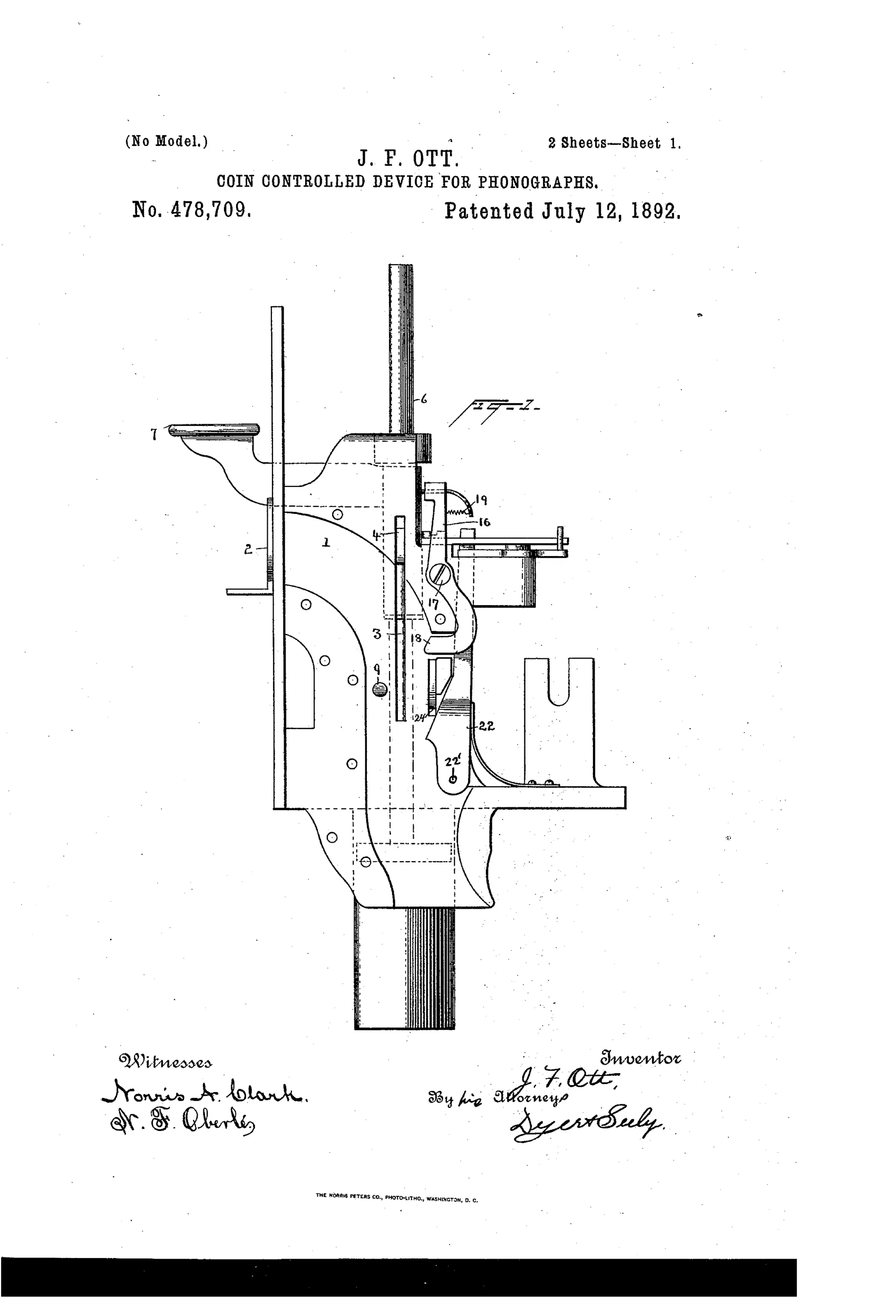 Mechanical drawing of a coin-controlled phonograph mechanism showing a vertical coin tube with numbered levers, a hinged door, springs, and a handle arm for testing deposited coins.