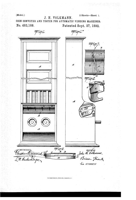 Patent drawing of a tall wooden vending-machine cabinet front and side views, with an enlarged mechanical coin-tester assembly showing hinged plates, springs, pins, and a coin diagram labeled with letters D, E, F, m, n, o, p.