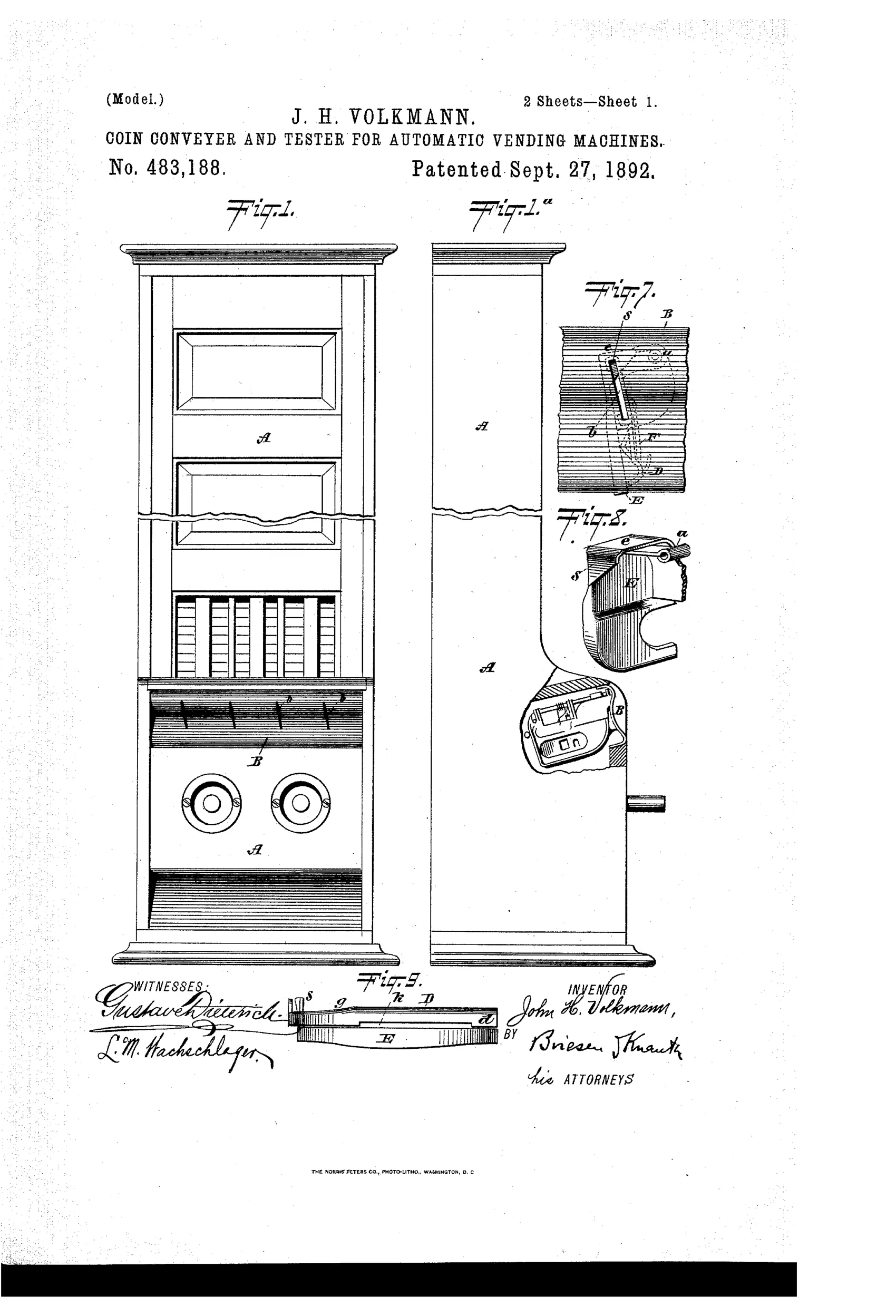 Patent drawing of a tall wooden vending-machine cabinet front and side views, with an enlarged mechanical coin-tester assembly showing hinged plates, springs, pins, and a coin diagram labeled with letters D, E, F, m, n, o, p.