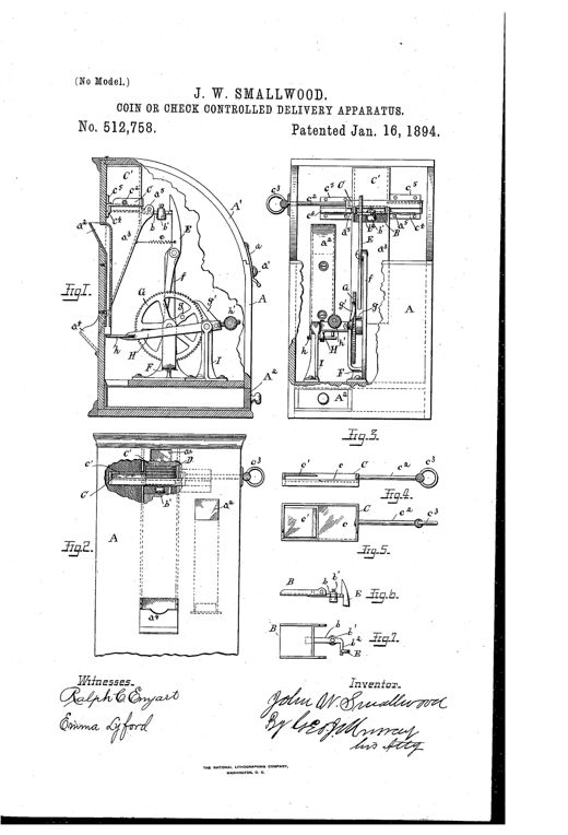 Patent drawing showing a tall rectangular cabinet with internal gears, a tilting coin tray, ratchet wheel, pawl arm, and coin chutes labeled with reference letters, alongside detail views of a sliding coin plate and tray locking mechanism.
