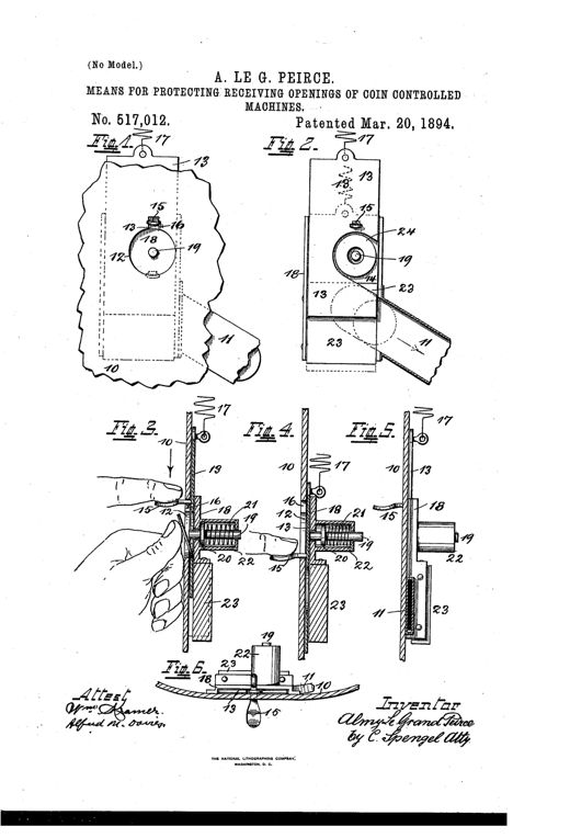 Patent drawing showing six figures of a coin-slot protection mechanism with a reciprocating slide, spring-loaded ejector, magnet, and coin chute, plus hand-operated views of a coin being inserted.