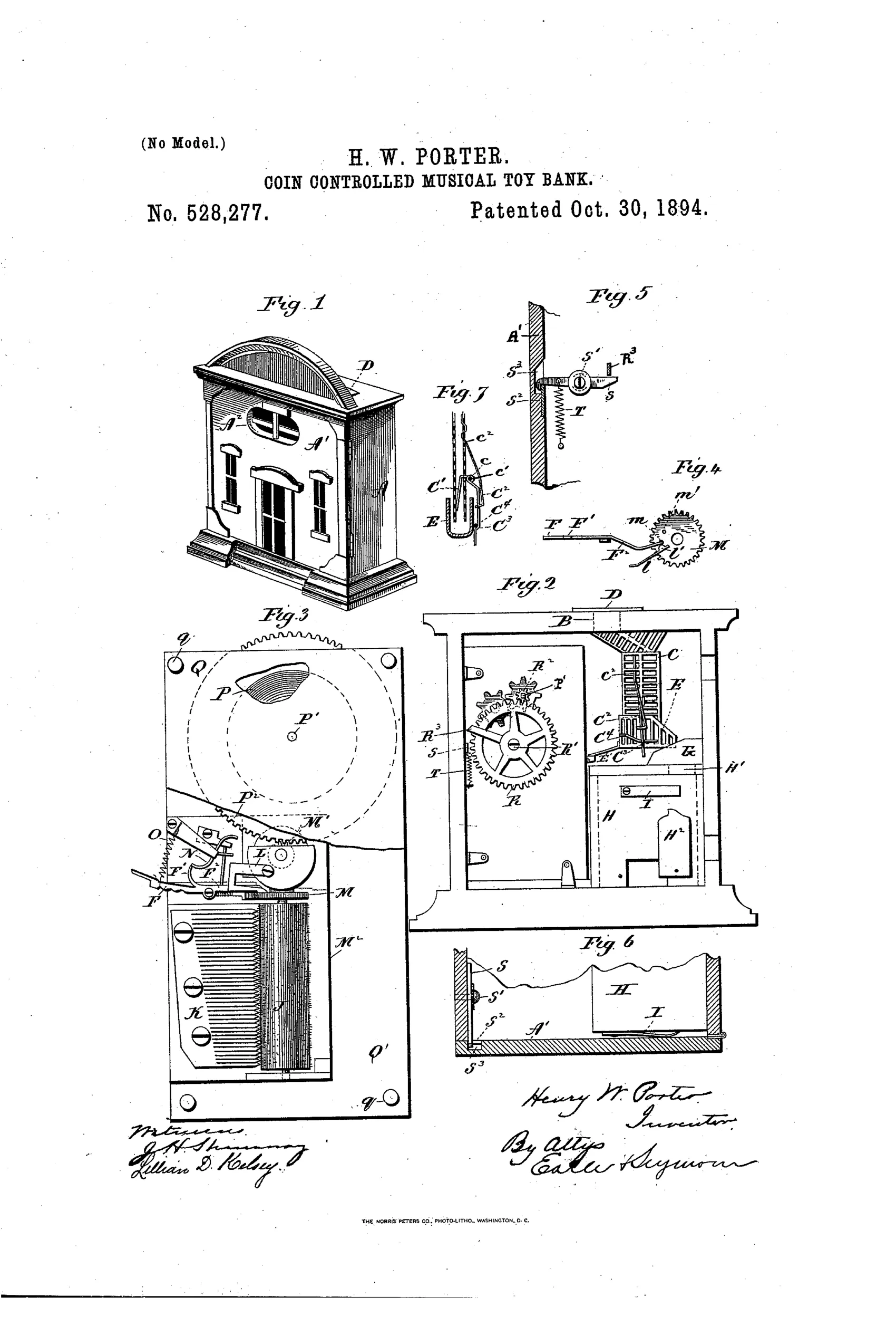 A patent drawing of a small house-shaped mechanical toy bank with an arched roof, barred windows, and a coin slot, alongside detailed mechanical diagrams of its internal music-box gears, coin chute, locking latch, and stop-wheel components.