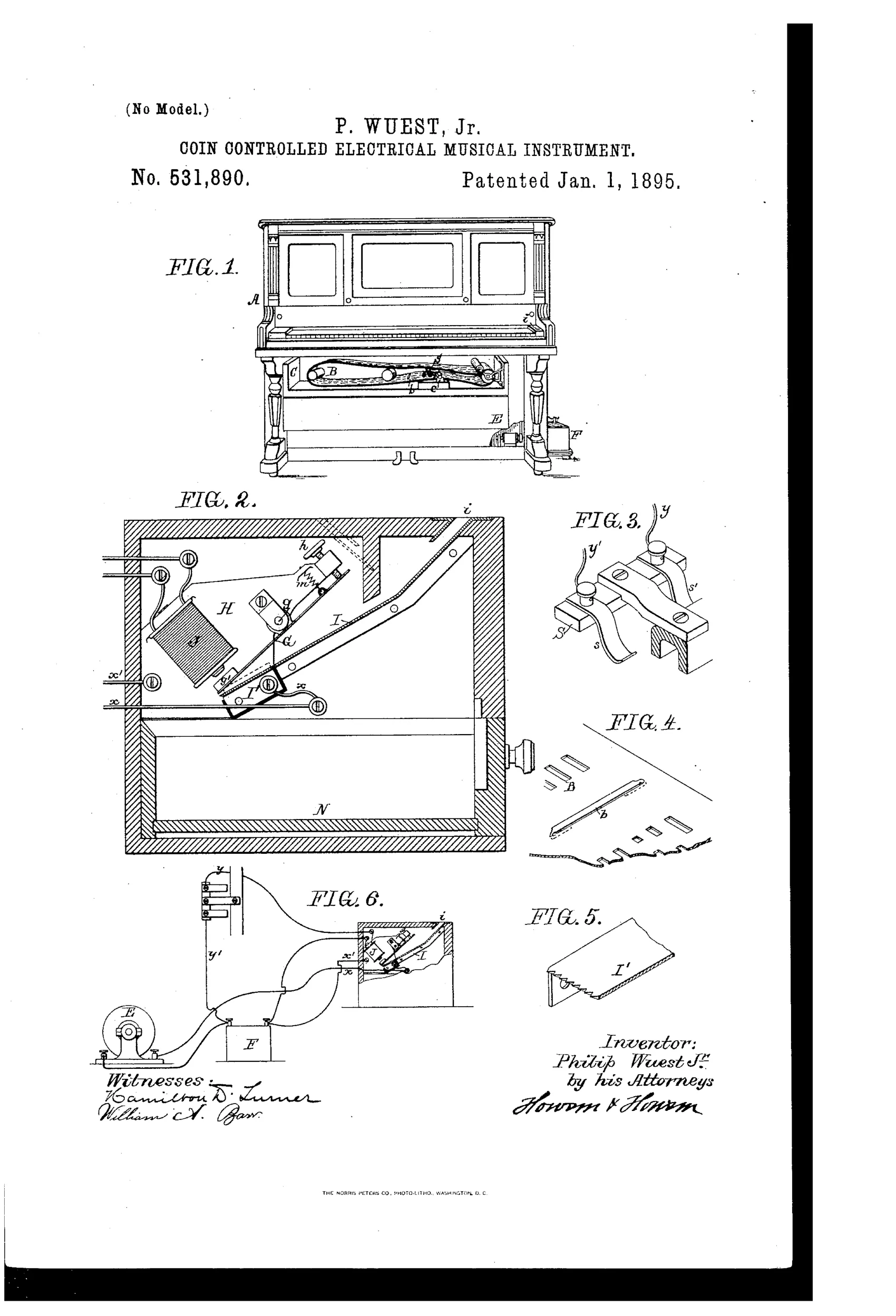 Line drawing of an upright player piano cabinet with a coin slot mechanism exposed beneath the keyboard, alongside detailed close-up diagrams of the coin slide, circuit closer, contact bar on perforated paper, and wiring schematic connecting a battery, motor, and electromagnet.