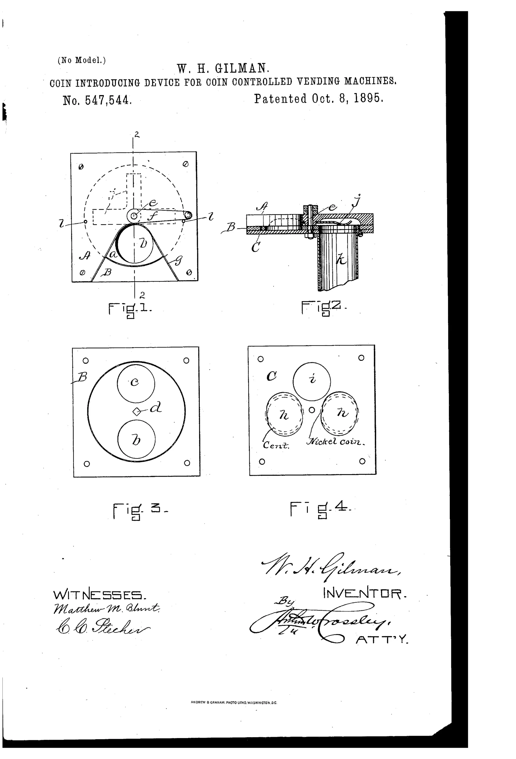 Patent drawing of a coin-introducing device showing four figures: a top plan view of a square plate with a central rotating disk and crank, a side sectional view with a chute below, a plan view of the middle plate with circular openings labeled b, c, and d, and a bottom plate view with three circular openings labeled for cent, nickel coin, and a central opening.