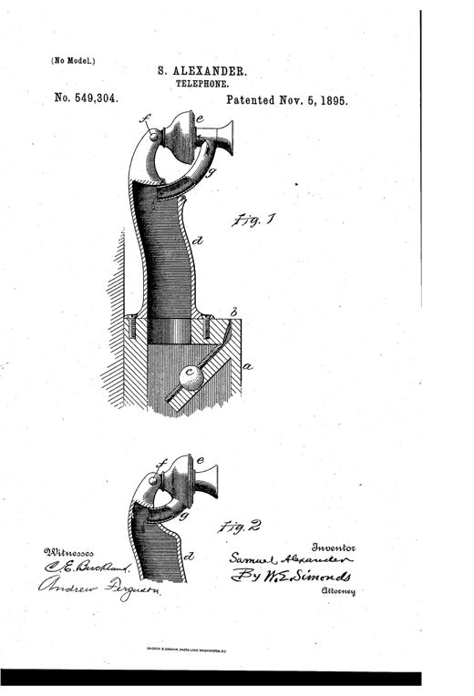 Patent drawing of a coin-operated telephone apparatus showing a hollow post rising from a sounding-case containing a coin slot and bell, topped by a pivoting transmitter case with a curved telescoping sound tube, illustrated in two configurations labeled Fig. 1 and Fig. 2.
